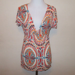 Mosaic Print Deep V Neck Shirt Top